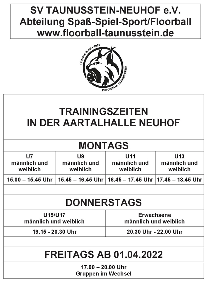 Floorball-Trainingszeiten beim SV Taunusstein-Neuhof